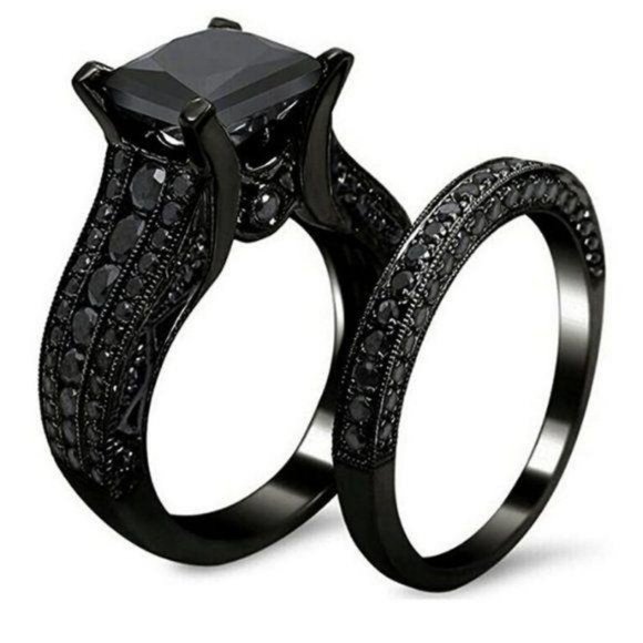 2PC/SET Princess Cut Black Gray Pave Gothic Engagement Ring - Picture 2 of 6